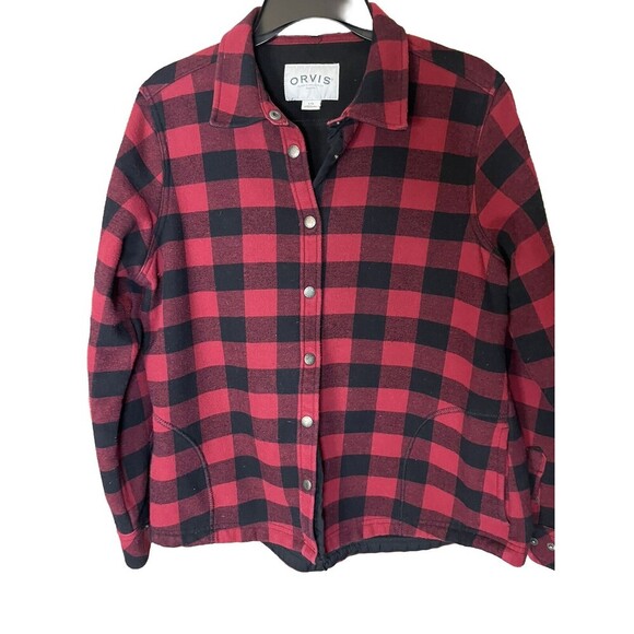 Orvis  Womens shacket Large Red Buffalo Plaid Flannel Snap Button Fleece Lined - Picture 1 of 7